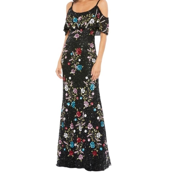 Mac Duggal Dresses & Skirts - Mac Duggal Cold Shoulder Sequin Floral Gown Dress Black Size 2 Formal Black Tie
